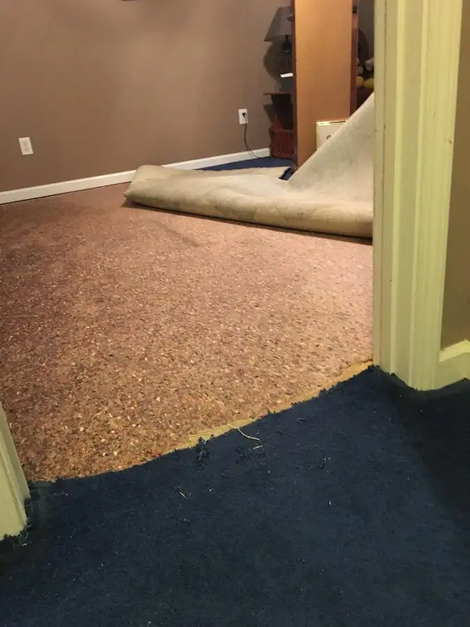 Carpet pad removal revealing water damage during Drying & Dehumidification in Red Oak